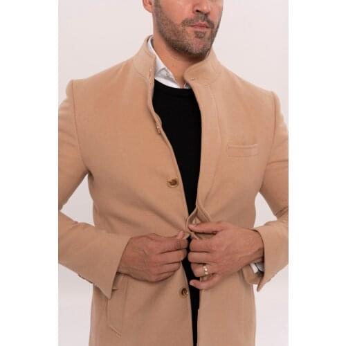 Mandarin Collar Beige Mens Long Mens Coat Wessi