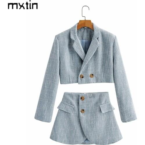 MXTIN 2021 Women Spring Vintage Button Lapel Collar Blazers Suits Fashion Pockets Mini Skirt Office Lady Business Female Suit