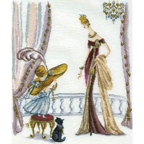 Gold Collection Counted Cross Stitch Kit Feather Cap Hap Fahion Lady Woman and a Girl Cat Kitten helene tran