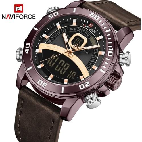 NAVIFORCE Mens Watches Genuine Leather Quartz Watches Waterproof Analog Digital Dual Time Display Wrist Watch relogio