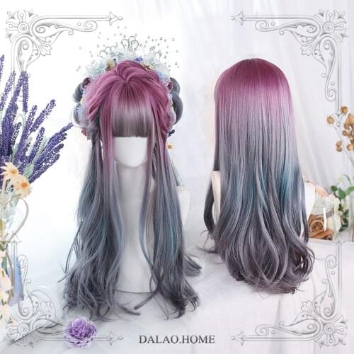 Gradient Purple Gray Green Lolita Wig Harajuku Fairy Cosplay Bangs Curly Wavy Long Sweet Fringe Adult Girls Hair