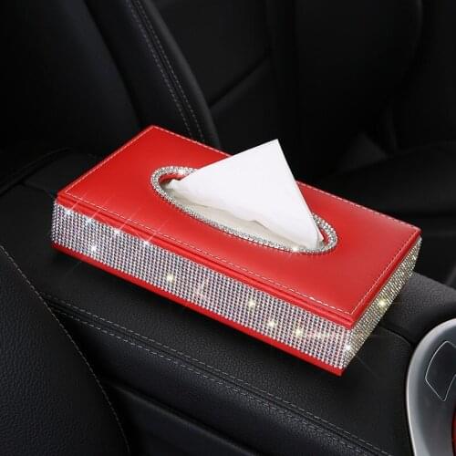 Luxury Crystal Diamond Car Tissue Box Leather Auto Tissue Bag Holder Case For Car Accessories Gift For BMW Ford Focus 2 Golf 6 7