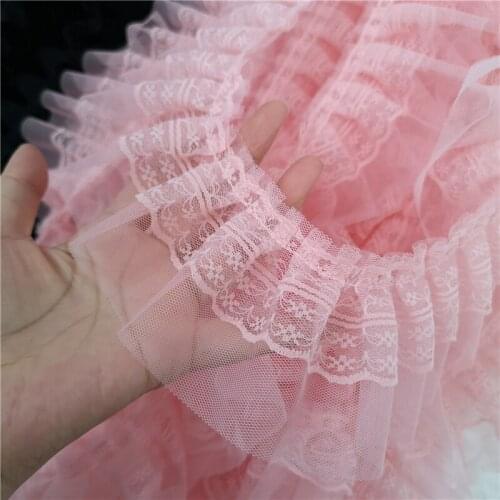 Pink Double Layer Pleated Soft Tulle Lace Fabric DIY Bodice Cuff Skirt Lengthened Trim Doll Pet Bib Decoration Dentelle Renda