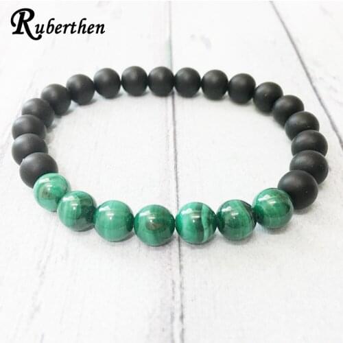 Ruberthen 8 mm AAA Grade Genuine Malachite Bracelet Men`s Matte Black Onyx Yoga Bracelet Chakra Healing Crystals Jewelry