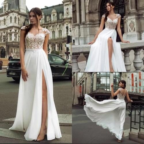 Chiffon A-Line Wedding Dresses 2021 Side Split Sheer O-Neck Cap Sleeve Lace Appliques Bridal Gown With Button Back Elegant