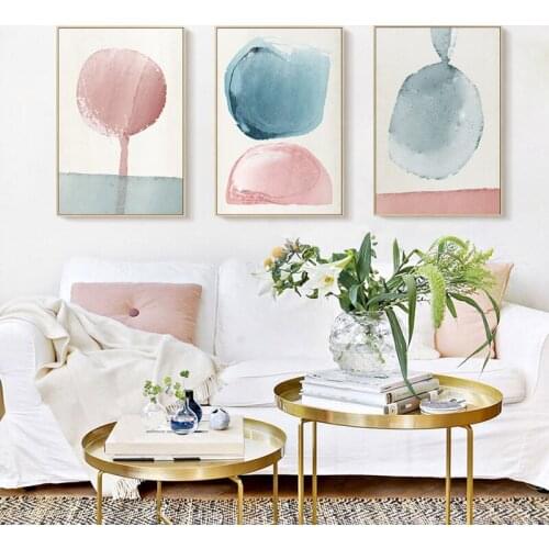 Nordic Abstract Watercolor Geometric Nursery Canvas Paintings Blue And Pink Circle Posters Print Wall Art Pictures Bedroom Decor