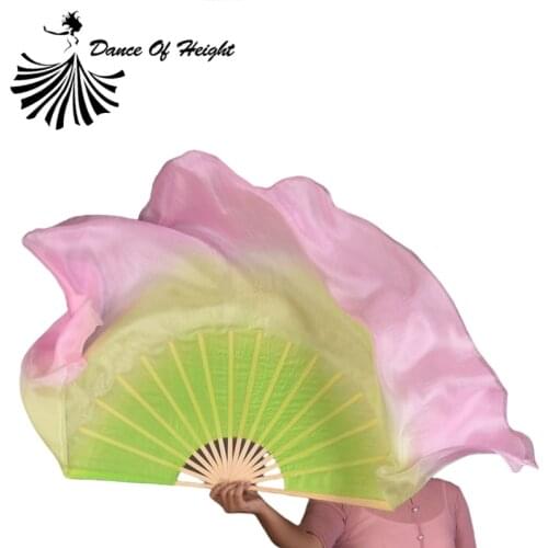 Light Green/Yellow/Pink Gradient Color 16"-34" 1Pair 100% Silk Bamboo Long Fan Belly Dance Fan Veil Half Circle Cheap On Sale
