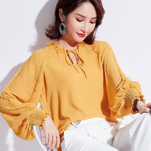 Spring Fall Fashion Ladies Women Lace Patchwork Lantern Long Sleeve Bow Chiffon Blouse , Womens Loose Yellow Red White Blouses