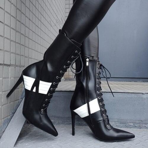 BERZIMER Women Ankle Boots Side Zip Up Stiletto Heels Booties Patchwork Botas Handmade Casual Shoes Woman Large Size 44 46 47