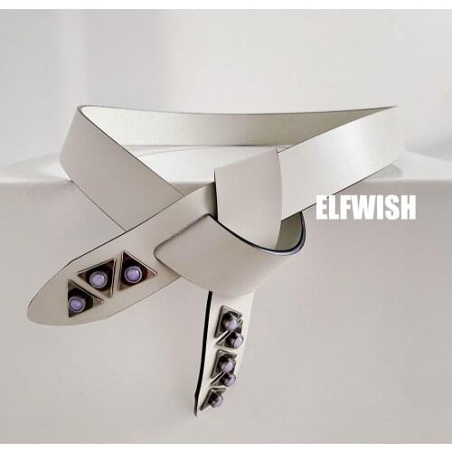 Women White Leather Belt with Purple GEM Detail Fashion Tied Belts For Coat Dress Tops 2021SS