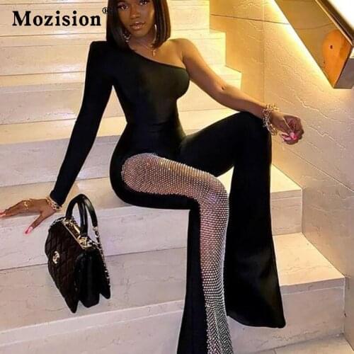 Mozision Patchwork Diamond Fishnet Bodycon Women Jumpsuit Black One Shoulder Long Sleeve Jumpsuit Ladies Slim Sexy Clothes