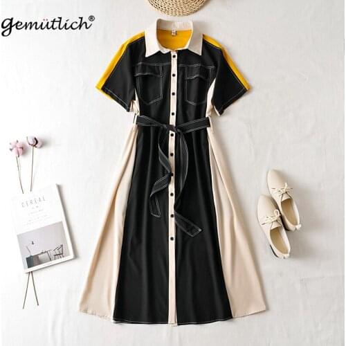 GEMUTLICH Women Big Size Patchwork Dress Turn-Down Collar Office Lady Vintage Short Sleeved Shirt Long Dress with Belt