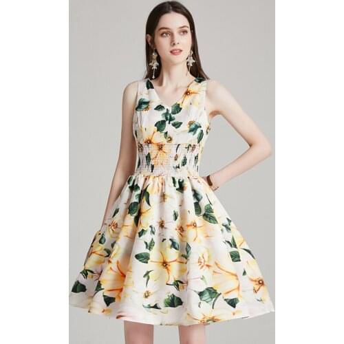 Summer Women Sexy V Neck Camellia Floral Sleeveless Dress Vintage Yellow Flower Print Tank High Elastic Waist Boho Mini Dresses