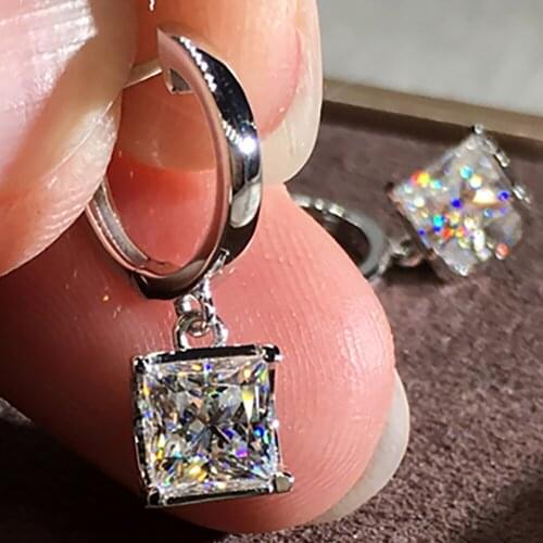 14K White Gold Women Drop Clip Hoop Earrings Moissanite Diamonds 4 Carat Princess Square Wedding Party Engagement Anniversary