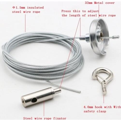 2pcs/lot 1.5mm steel wire rope hooks with Adjustable safety clamp for suspending panel lamp Fixed crane lighting Accessories