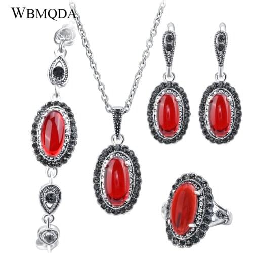 4 Pcs/lot New 2018 Vintage Tibetan Silver Color Jewelry Sets Retro Red Pendant Necklace And Earrings Bracelet Ring For Women
