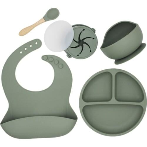 5 Pcs Baby Bibs Drooling Burp Aprons+Suction Dish Bowl+Sucker Dinner Plate+Spoon+Cup Set Silicone Tableware Kit