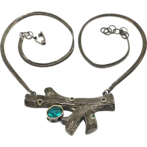 58x34mm Neo-Gothic tree stump 23.4g Blue Aquamarine Rhodolite Garnet Green Peridot Man Black Gold 925 Sterling Silver Necklace
