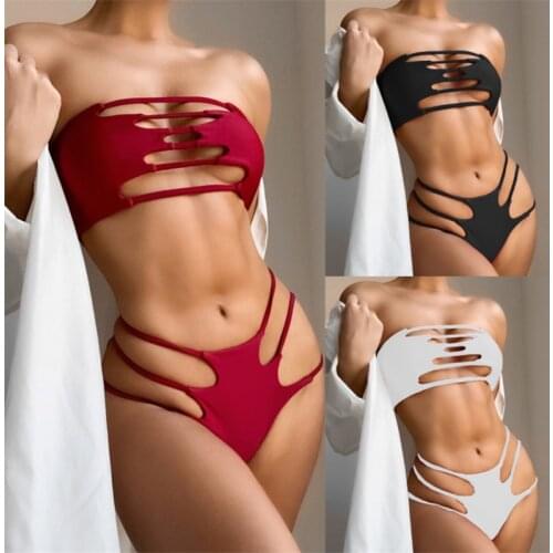 High Waist Bikini Swimwear Women 2 Pieces 2021 Summer Sexy Hollow Out Bandeau Brazilian Swimsuit Beachwear Bathing Suit Biquini