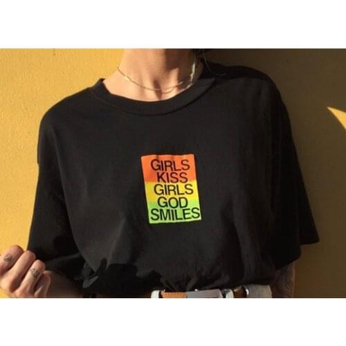 Hahayule Girls Kiss Girls God Smiles Rainbow Lesbian Pride T-Shirt Women Tumblr Fashion LGBT Graphic Tee Grunge Street Wear Tops