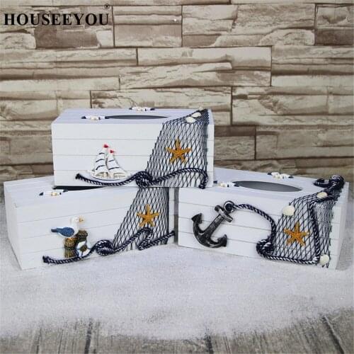 Mediterranean Sea Style Tissue Box Paper Towel Boxes Napkin Holder Wooden Home Decoration Storage Boxes & Bins for Dining Room