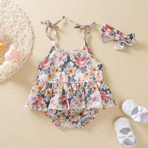 Baby Girl’s Lace-Up Suspender Romper Fresh Leopard/Flower U-neck Jumpsuits and Headband