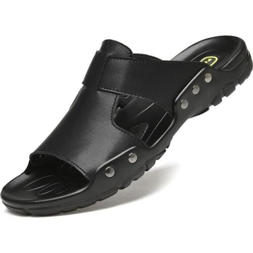 Summer Mens Slippers Leather Breathable Slippers Sandals Beach Classics Leather Men Flip Flops Outdoor Moccasins Big Size 50