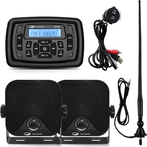 Marine Radio Stereo Receiver Bluetooth Media Audio System MP3 Car Player+4Inch Waterproof Speakers+AM FM Antenna+Boat USB Cable