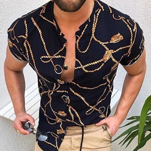 Mens Spring Big Size S-3XL Black Print Casual Trend Fit Fit Loose Standing Collar Short Sleeve Shirt