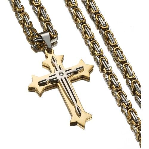Stainless Steel Male Byzantine Chain & Pendant,22" 24" 28" Mens Silver Gold Color Jesus Cross Necklaces Pendants for Men