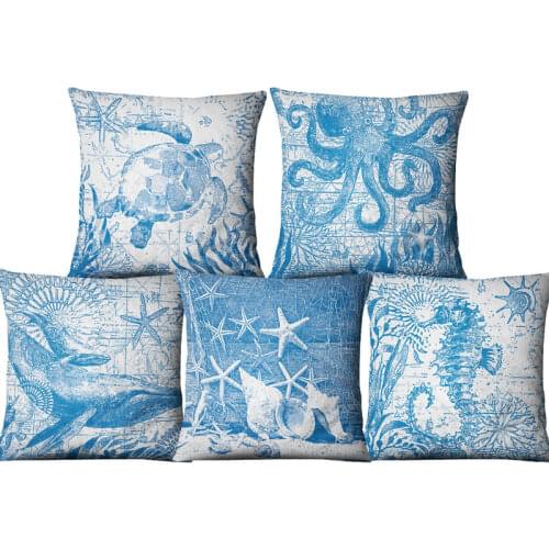 Woodcut Marine Ocean Style Sea Turtle Patterns Square Linen Sea Horse Sofa Throw Cushion Covers Octopus Home Decor Pillows
