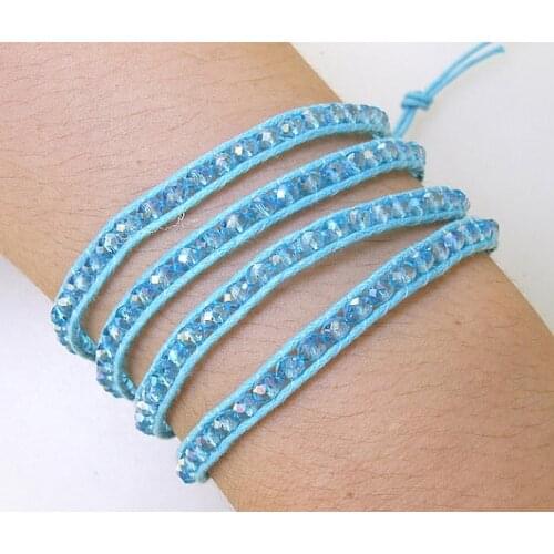 Charming Sea Blue Crystal Glass Faceted Wrap Bracelet Line Wrap Woven Button Handmade Jewelry Wrap Bracelet Necklace Wais