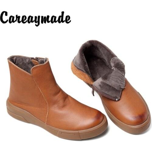 Careaymade-original autumn and winter new hand-made cowhide womens boots retro casual Martin boots flat bottom plush short boot