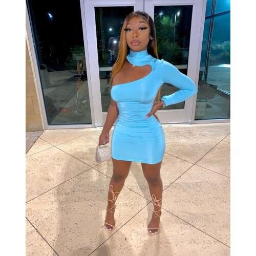 BKLD Autumn Women Clothing One Shoulder Long Sleeve Dress Solid Color Hollow Out Skinny Bodycon Sexy Club Outfits Party Wear