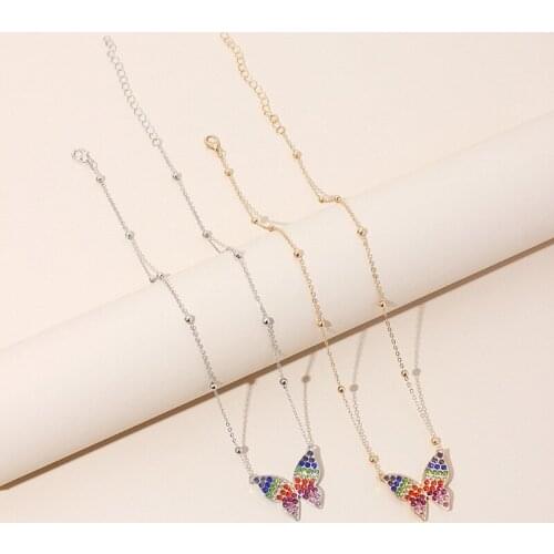 Colorful Rhinestone Butterfly Choker Necklaces for Women Gold Color Metal Beads Chain Pendant Necklace Party Jewelry Female