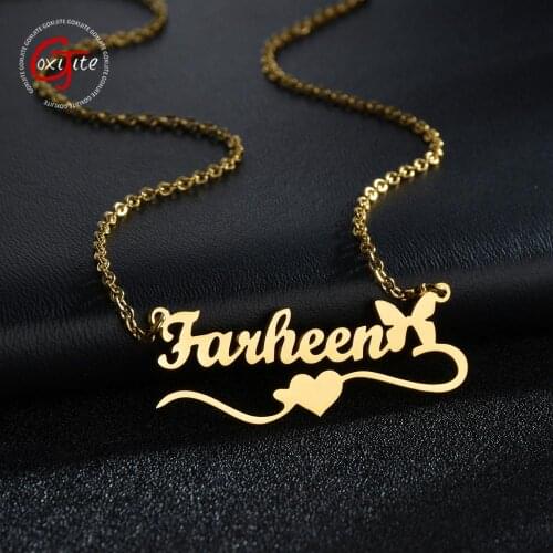 Goxijite Fashion Customized Name Necklace With Butterfly Stainless Steel Initial Nameplate Heart Necklaces For Women Lover Gift
