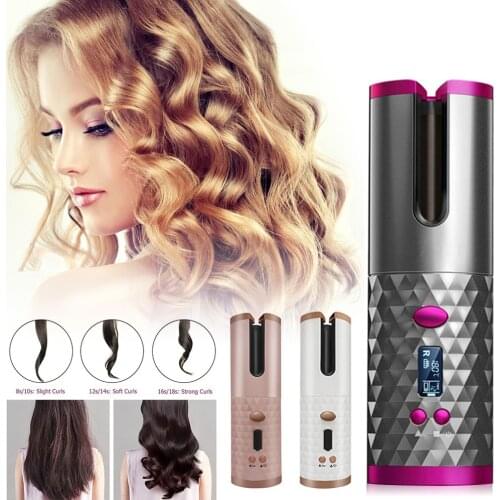 Cordless Automatic Hair Curler USB Rechargeable Curling Iron Curls Waves LCD Display Ceramic Curly Rotating Curling Wave Styer