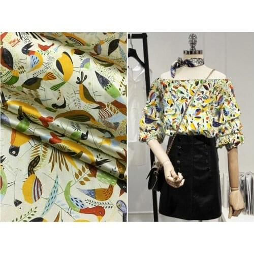 2020 Hot 19mm Heavyweight Silk Stretch Satin Fabric Spring and Summer New Hand-Painted Flower -Bird Print Dress Clothing Cloth