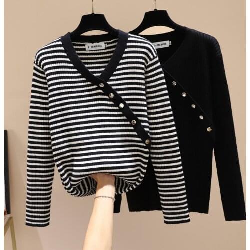 Striped Black Button Plus Large Size Oversize Korean Style Fashion Pullovers For WomenS Ladies Sweater 2021 Clothes Tops Blouse