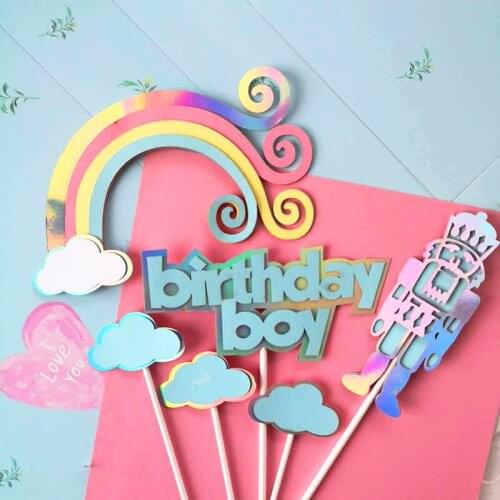 New Rainbow Happy Birthday Cake Toppers Blue Pink Birthday Cupcake Topper for Kids Birthday Party Cake Decorations