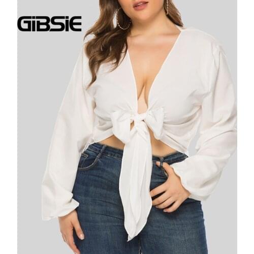 GIBSIE Deep V Neck Tie Front Solid Crop Top Blouse Plus Size 3xl 4xl Women Casual Sexy Long Sleeve Blouses Spring Fall 2021