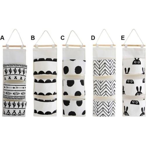 3 Pockets Black White Pattern Cotton Linen Hanging Storage Bag Wall Mounted Wardrobe Hang Bag Wall Pouch Cosmetic Toys Organizer
