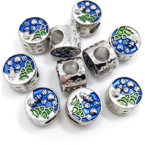 Free shipping New 20pcs 12mm Round Snowman and Christmas Tree Large Hole Beads fit European Charms Bracelet DIY Christmas Gift
