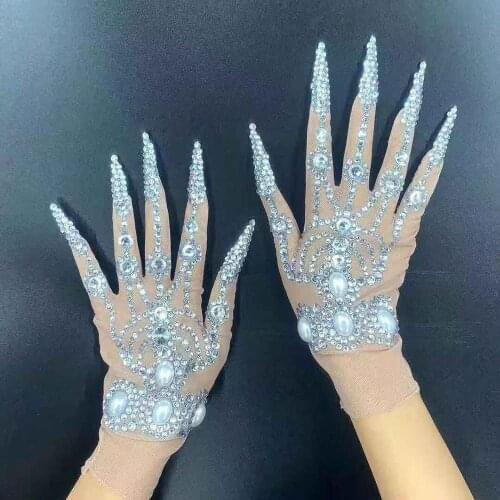Sparkly Silver Rhinestone Pearl Transparent Gloves Birthday Celebrate Net Yarn Performance Women Dancer Wear