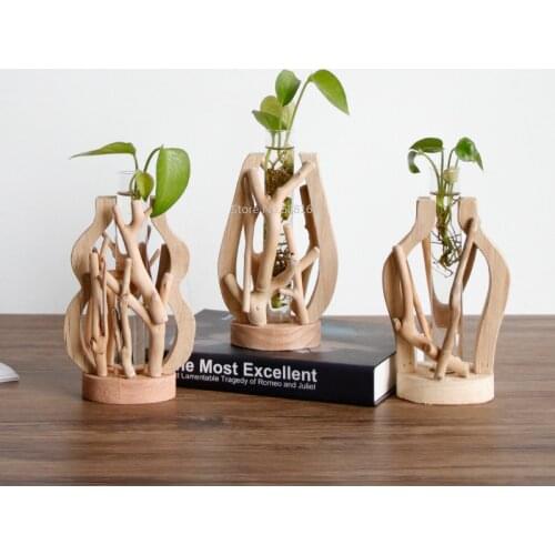 Home Decorative Pure Handwork Wooden Vase Decorated Solid Wood Flower Pot for Creative Glass Floral Hydroponic Container Vase