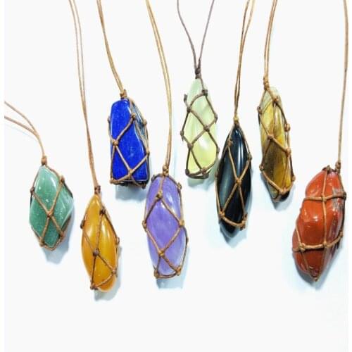 FYJS Unique 10 Pcs Handmade Weave Irregular Shape Many Colors Quartz Stone Pendant Necklace with Rope Chain Jewelry