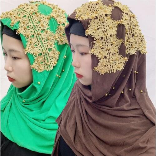 Muslim Women Cotton Hijab Beaded Femme Musulman Gold Beads Long Scarf Islamic Hijabs Fashion Plain Turbante