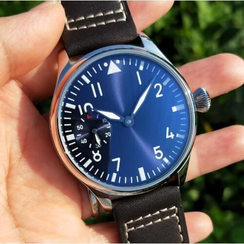 44mm Pilot not have logo Mechanical Hand Wind Mens Watch blue dial Mineral Glass/Sapphire Seagull st3600-2 movement G039