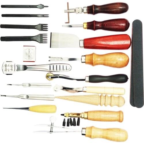 19Pc Leather Craft Tools Kit Stitching Carving Working Sewing Saddle Groover