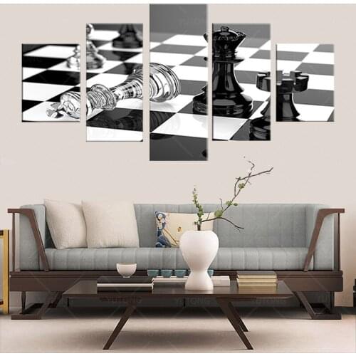 Canvas Wall Art Poster Living Room 5 Pieces Chess Board Landscape Painting Black And White Pictures Modular Home Decor Framework
